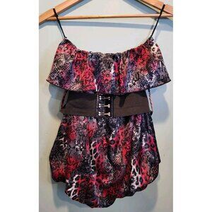 Y2K Black Red Satin Animal Print Strapless Belted Bubble Hem Top Sz M Fairygrung